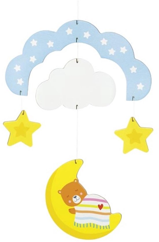 Een baby mobiel met een slapende bruine beer op een gele maan, omringd door sterren en wolken.