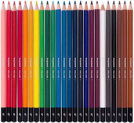 Een set van 24 Bruynzeel kleurpotloden in de kleuren roze, rood, oranje, geel, groen, cyaan, blauw, paars, grijs, wit en bruin.