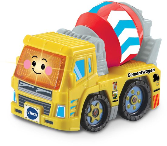 Gele Vtech cementwagen met lachend gezichtje en verlichte koplampen. Rode en blauwe strepen op de betonmixer. Cementwagen.