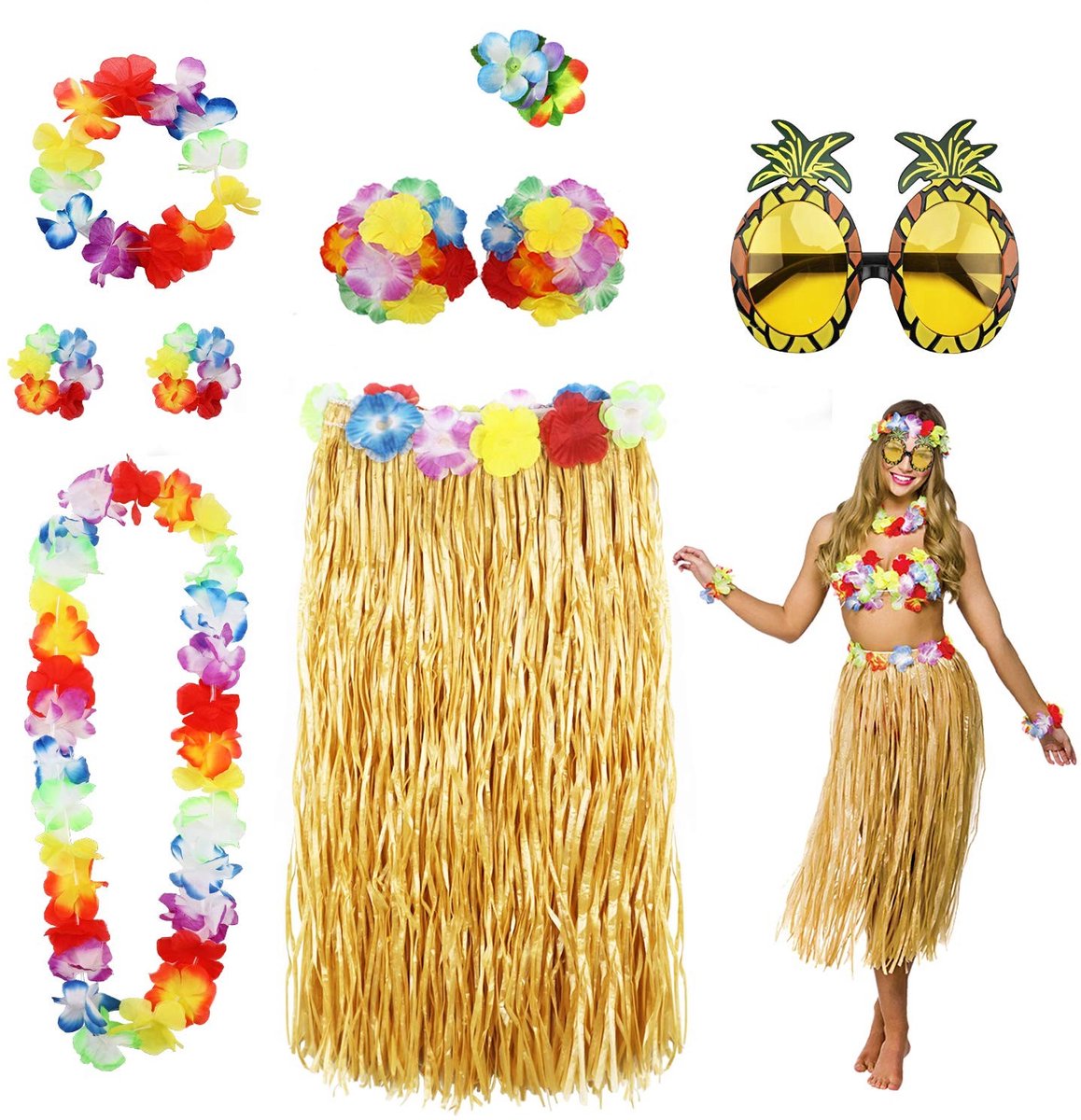 PHOGARY 8-delig Hula Skirt Kostuumset voor Hawaii Luau Feest