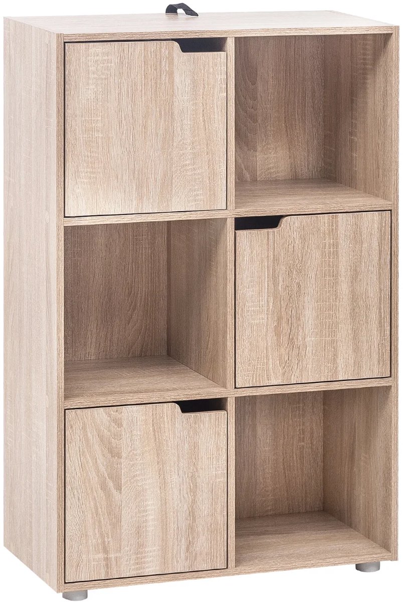 BukkitBow - Moderne Boekenkast met 6 Vakken en 3 Deurtjes - Scandinavisch Design - Eiken