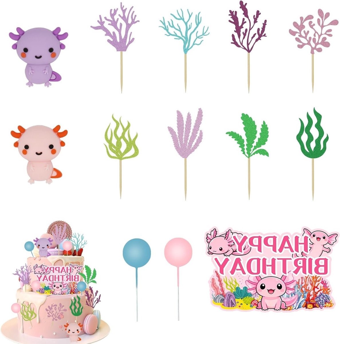 Set van 21 schattige axolotl taarttopper figuren, onderwater cakeversieringen voor cupcakes en desserts, ideaal voor verjaardagsfeesten met oceaanthema