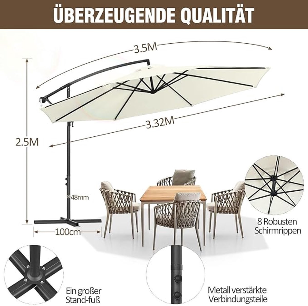 Stokparasol met LED-verlichting Rond 300 cm terrasparasol, windbestendig en knikbaar, zonne-energie LED, marineblauw, patio parasol voor tuin en balkon – Afmetingen op aanvraag – Bellavero