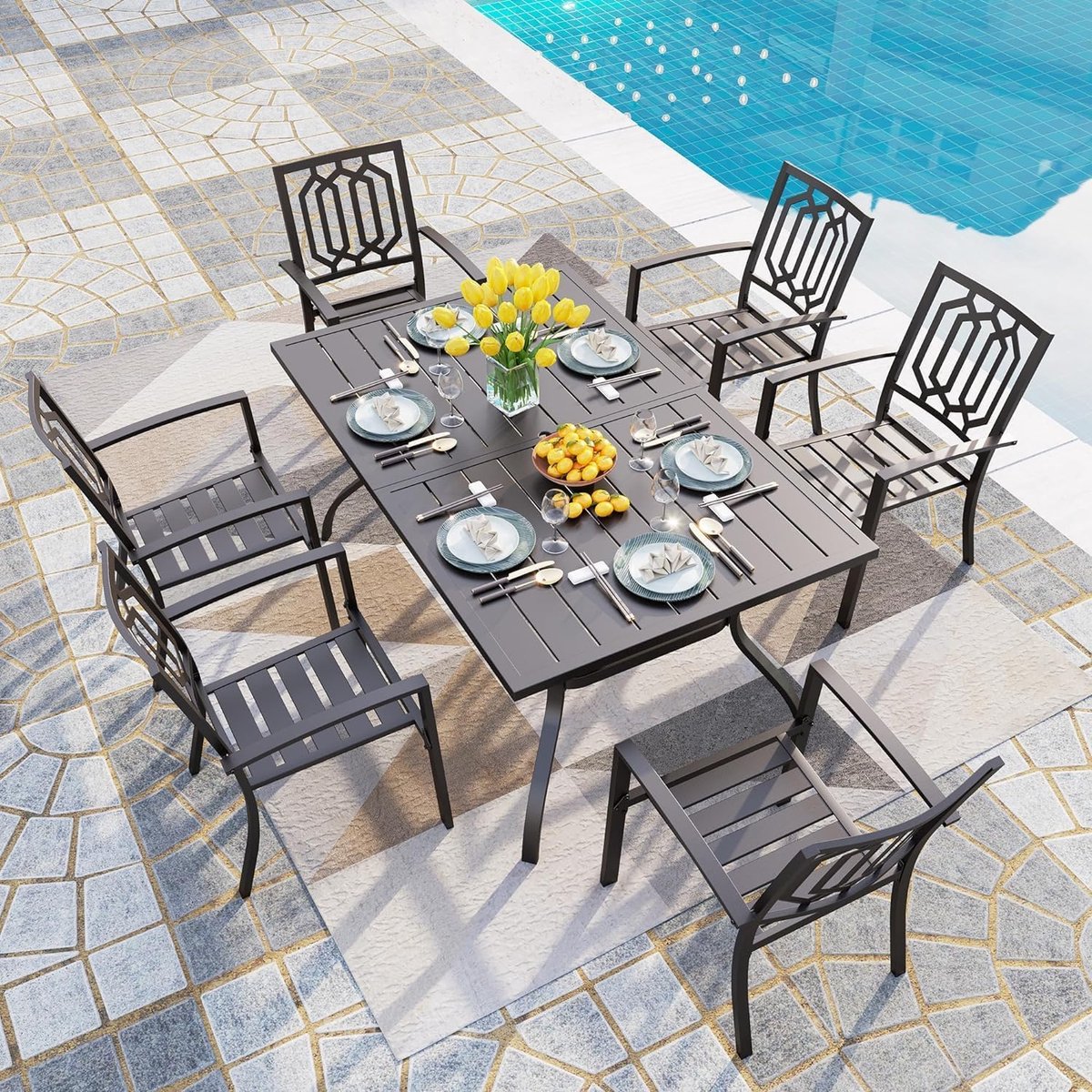 Tuinmeubelset 6 Personen 152x96x72 cm – Stalen Tuinset met Tafel en 6 Stoelen – Weerbestendig & Roestvrij – Modern Design Zwart – Parasolgat 4 cm – Luxe Terrasset voor Tuin, Terras en Balkon – Nicolehome