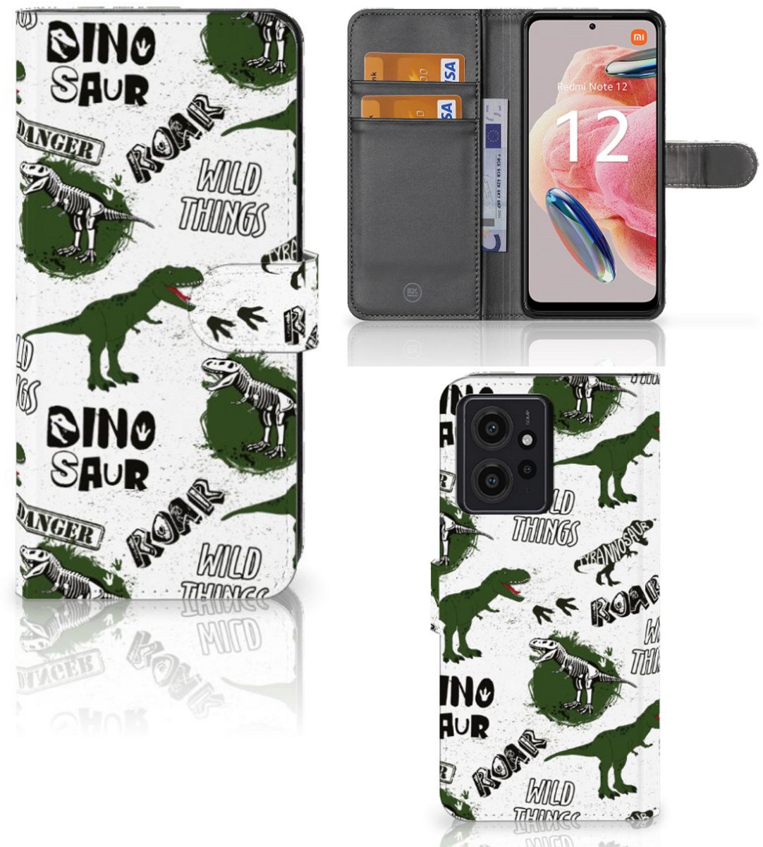 Telefoonhoesje met Pasjes voor Xiaomi Redmi Note 12 4G Dinosaurus