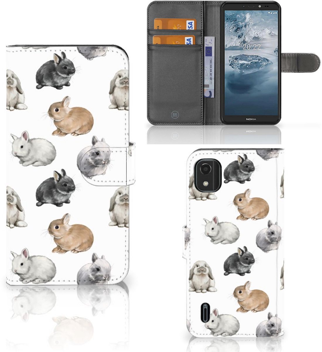 Telefoonhoesje met Pasjes voor Nokia C2 2nd Edition Konijntjes