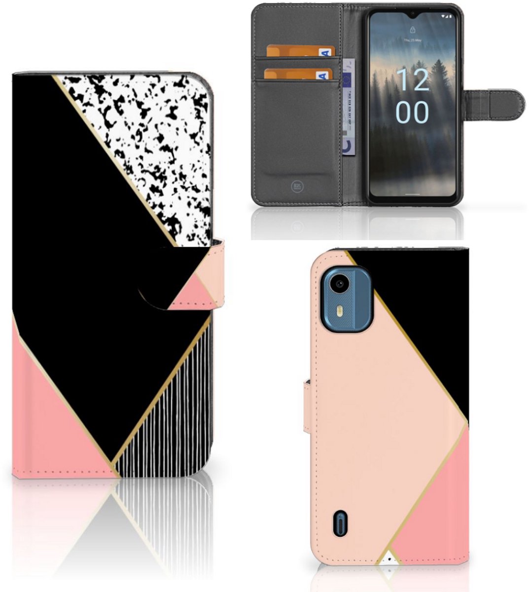 Nokia C12 Book Case Zwart Roze Vormen