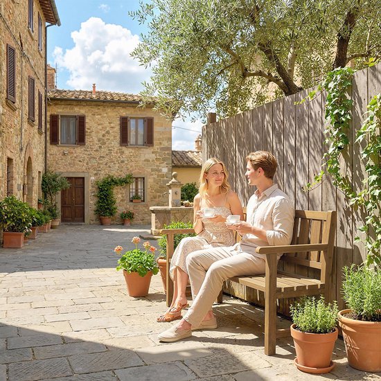 Pugsdrly Banc de jardin 3 places en bois résistant aux intempéries avec dossier et accoudoirs, banc en bois supportant jusqu'à 360 kg, teck