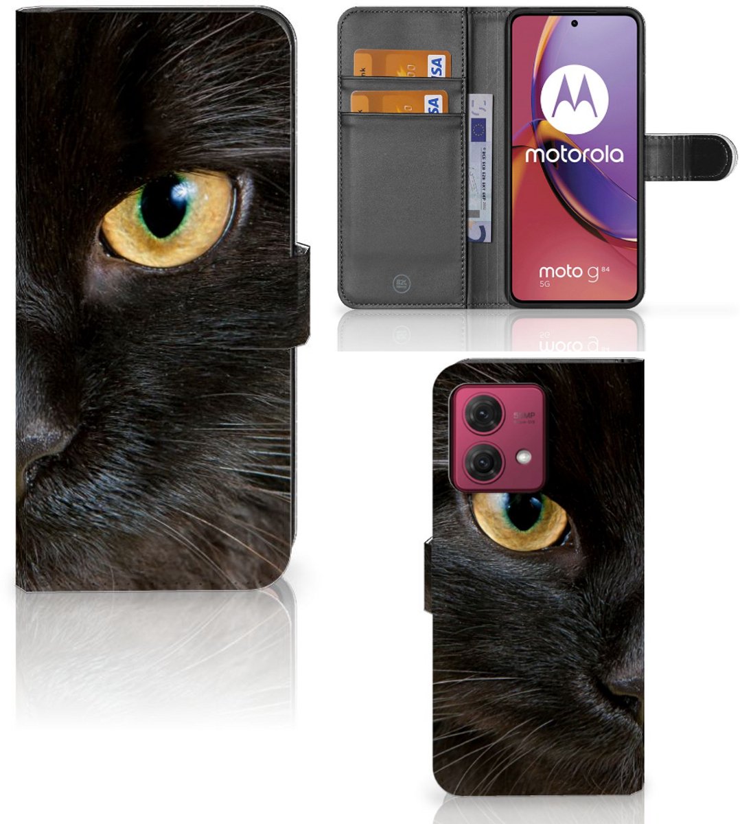 Motorola Moto G84 Telefoonhoesje met Pasjes Zwarte Kat