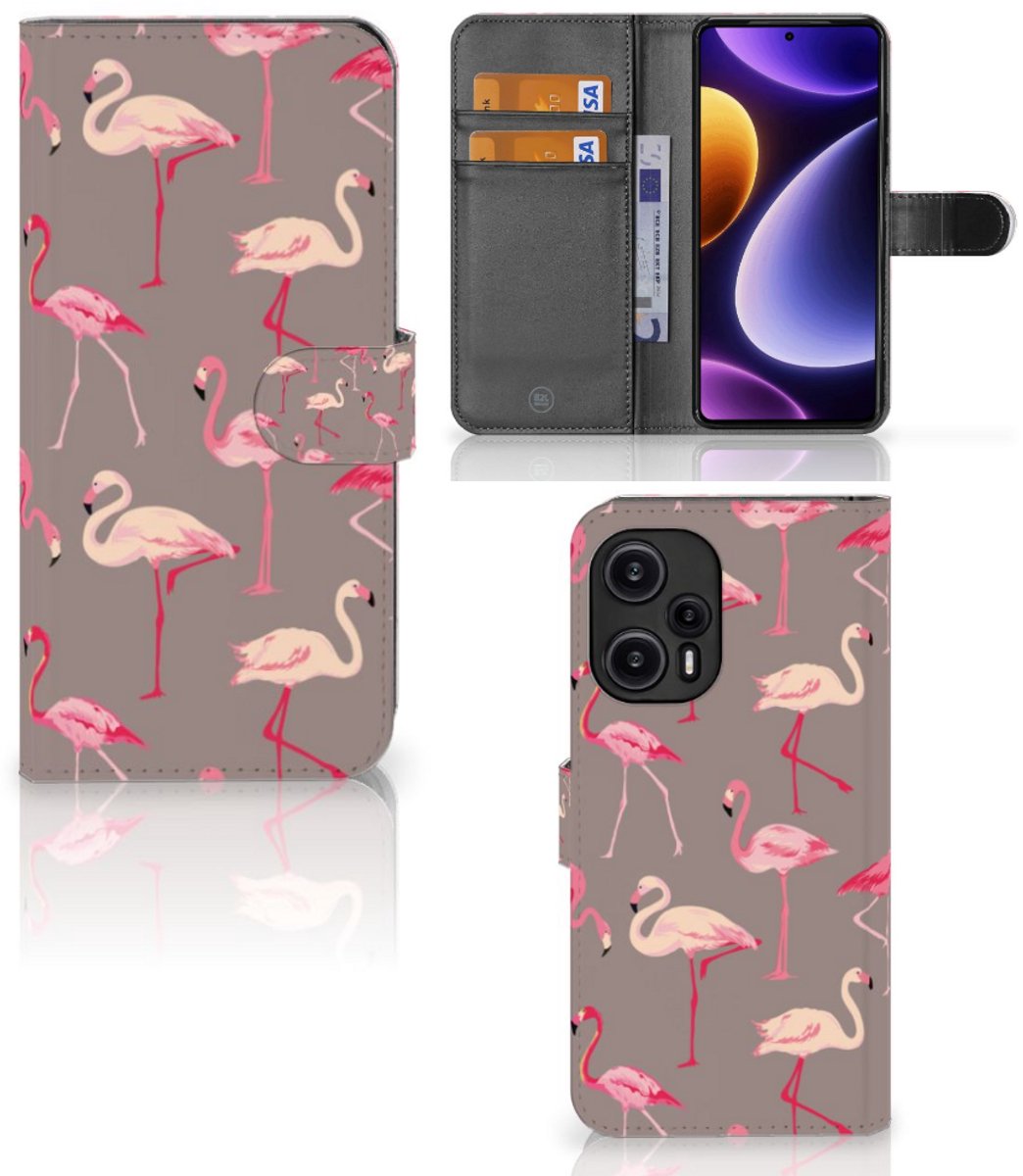Xiaomi Poco F5 Telefoonhoesje met Pasjes Flamingo
