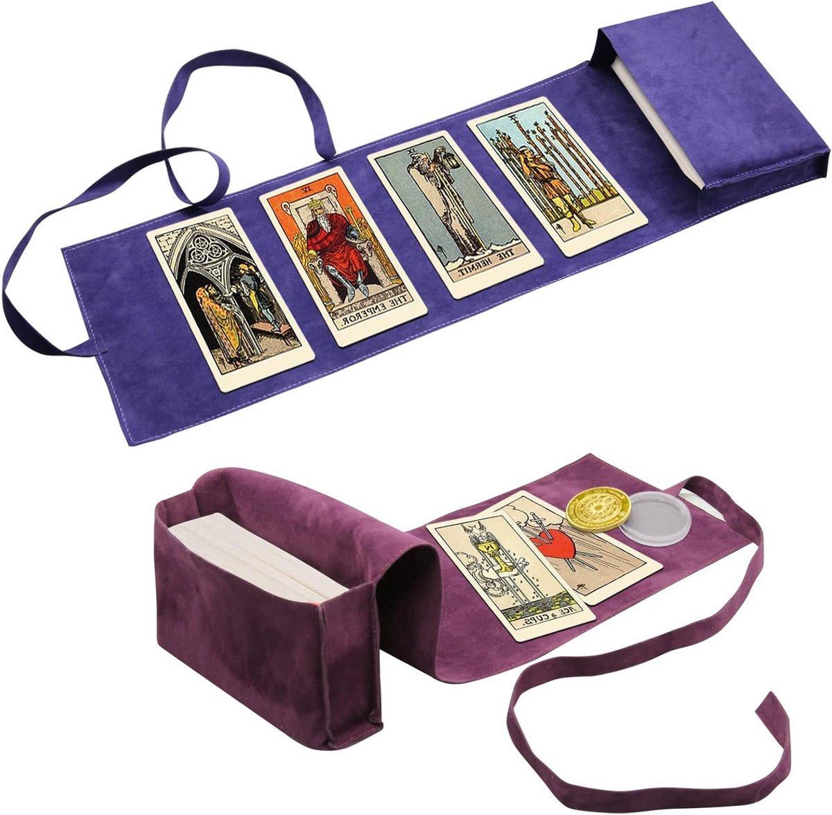 Tarot Kaarten Houder Set met 2 Fluwelen Opbergdozen en 1 Beslissingsmunt, Inclusief Tarotdoeken en Kaarthouders voor Tarot- en Orakelkaarten, Ideaal voor Spelers en Verzamelaars