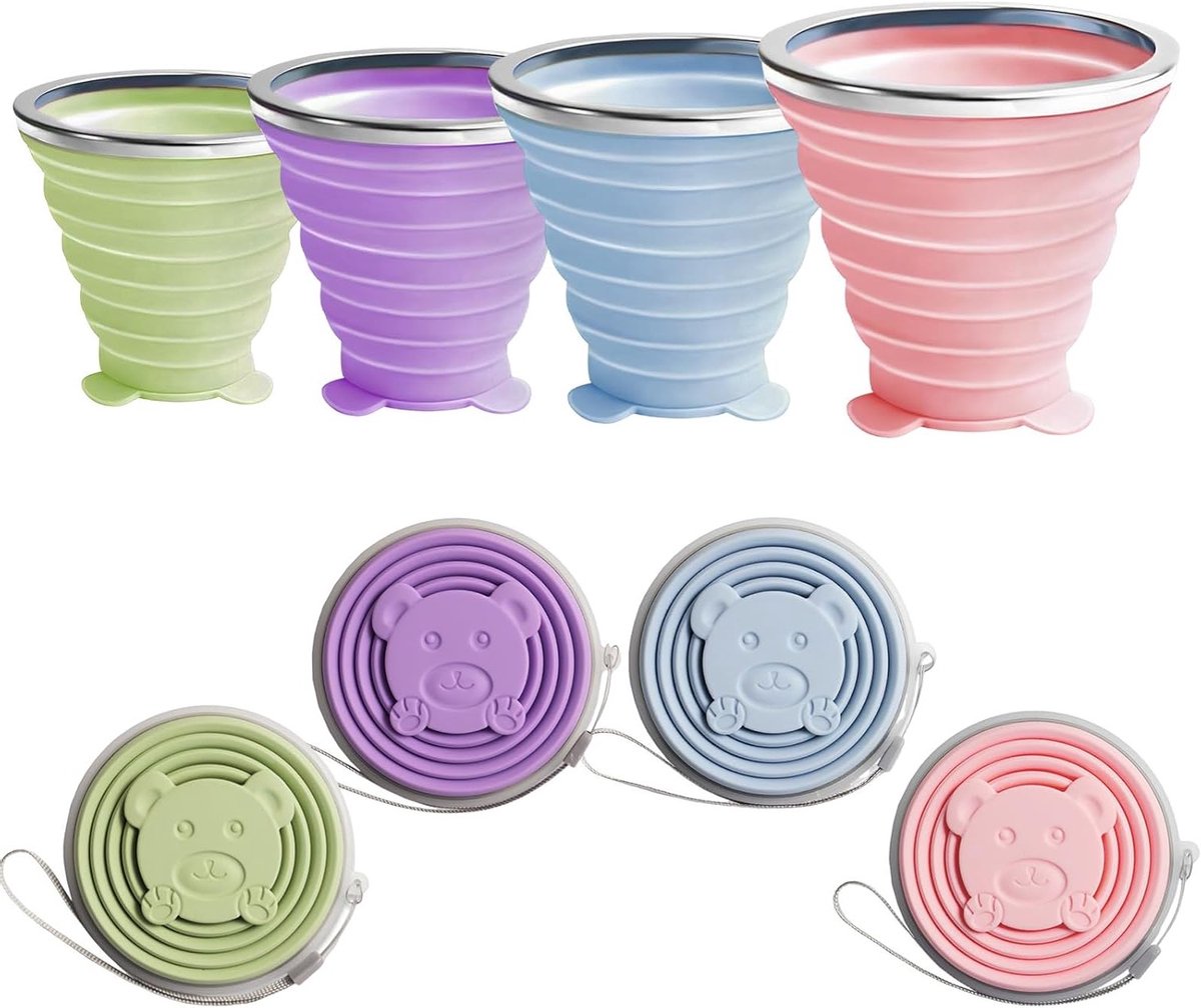 Vouwbare Reusable Silicone Reisbekers - Set van 4, Compact en Handig voor Op Reis, Milieuvriendelijk en Duurzaam