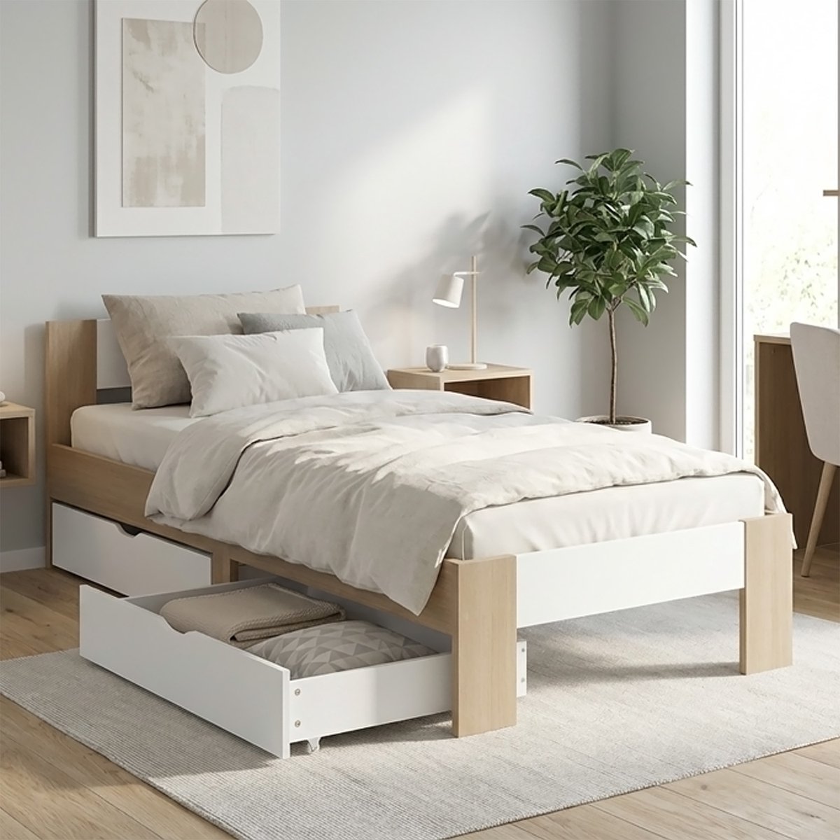 Homestyle4u Eenpersoonsbed - 90x200 cm - met 2 Opbergkasten - Bruin en Wit