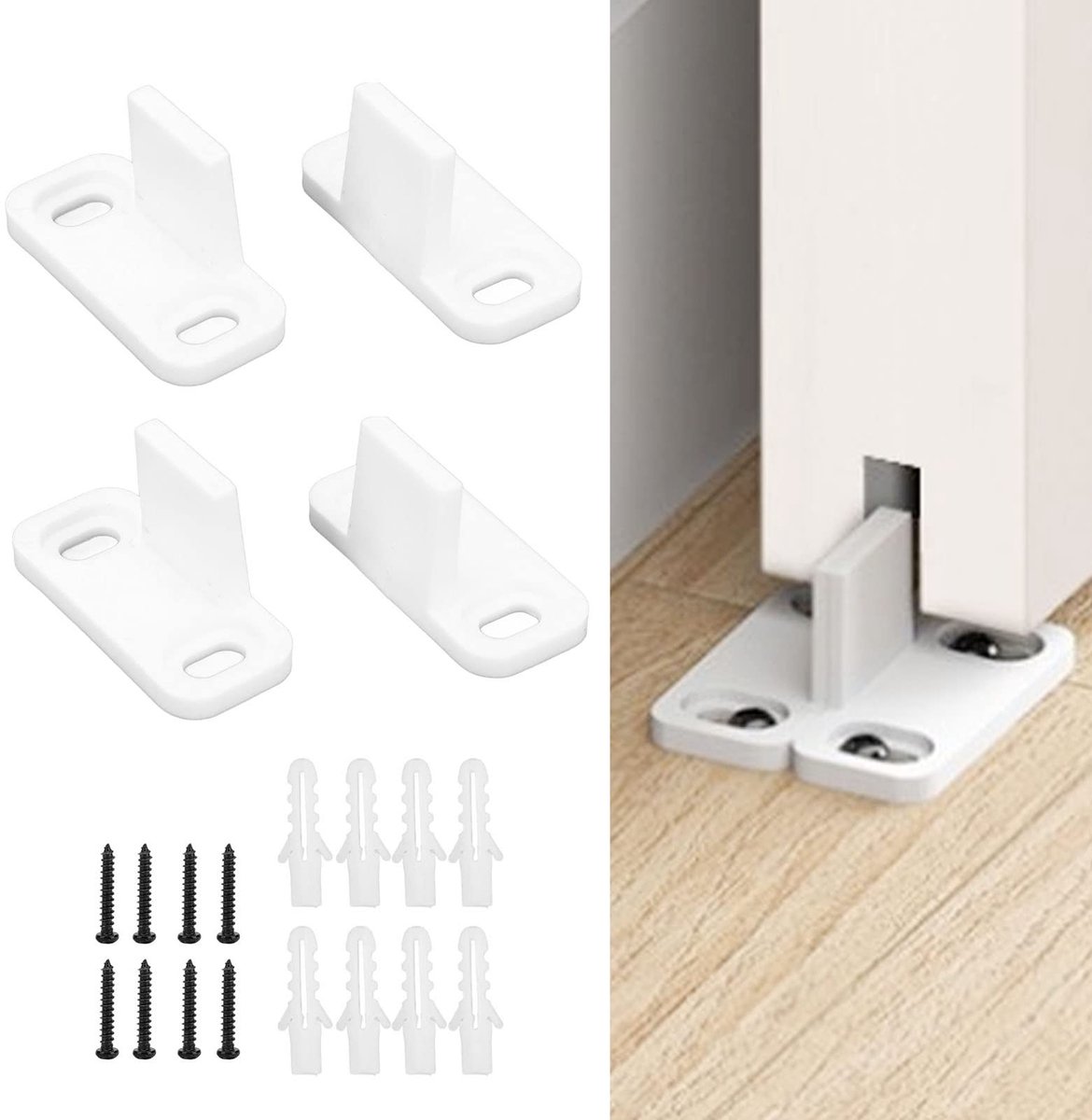 Allecto - Vloergeleiding voor schuurdeur - Deurstopper - Witte schuurdeurstoppers - Koolstofstaal - Schuifdeur - Accessoires voor de montage