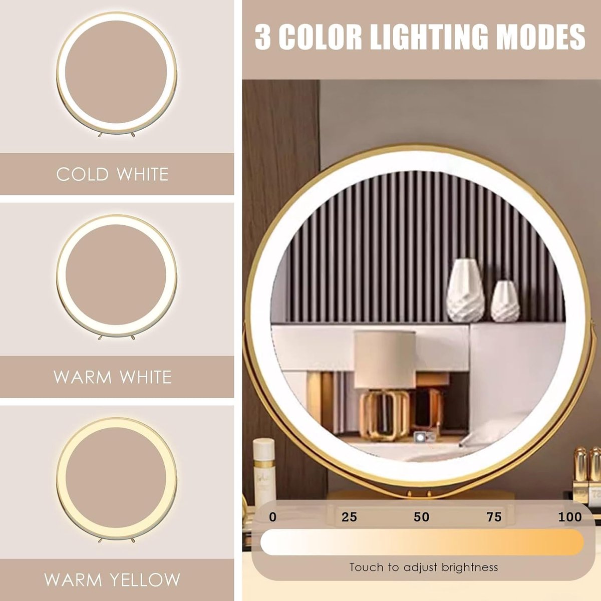 Luxe LED Make-up Kaptafel met Spiegel en Hoogglans Blad, 6 Lades en Zijkast – 80x40x76 cm Moderne Vanity Tafel voor Slaapkamer