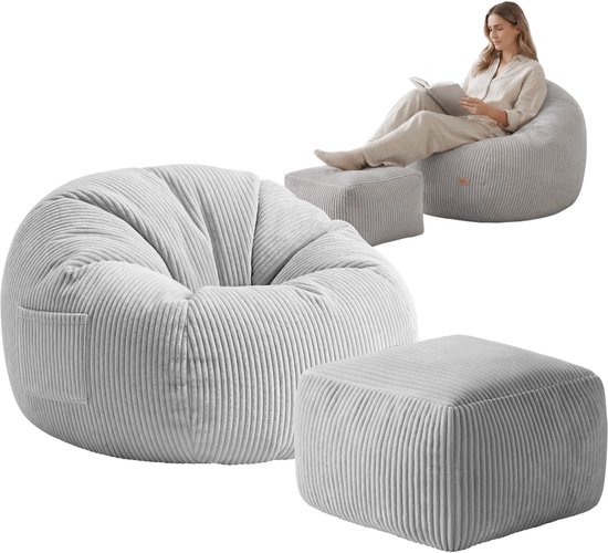Mark Adler Comfy 3.0 Zitzak stoel - Inclusief Voetenbank - Corduroy Ribstof - Grijs