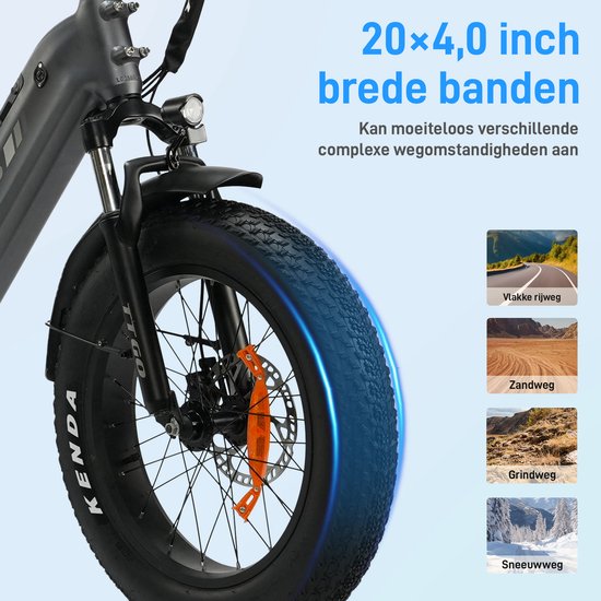 TTGO F6 Pro Elektrische Fiets – Opvouwbaar – 48V 18Ah Lithium Accu – Actieradius tot 140 km – Aluminium Frame met Achtervering – 20×4.0 inch Fatbike Banden – Hydraulische Schijfremmen – Shimano 7 Versnellingen – Elektrische Stadsfiets – Grijs — afbeelding 4