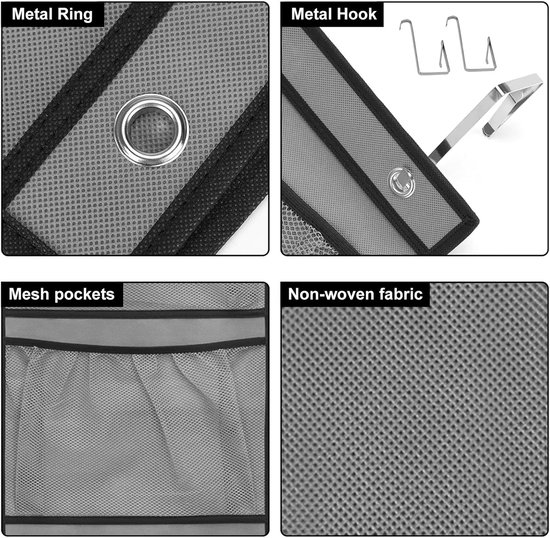 Gedetailleerde productafbeeldingen: metalen ring, metalen haak, netzakken en non-woven stof.