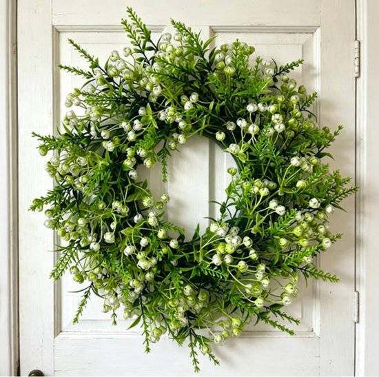 Lentekransen voor de voordeur – Deurkrans met groene bladeren – Decoratieve kunstkrans met groen – 'Welkom Lente'-decoratie voor huis, buiten, raam en veranda