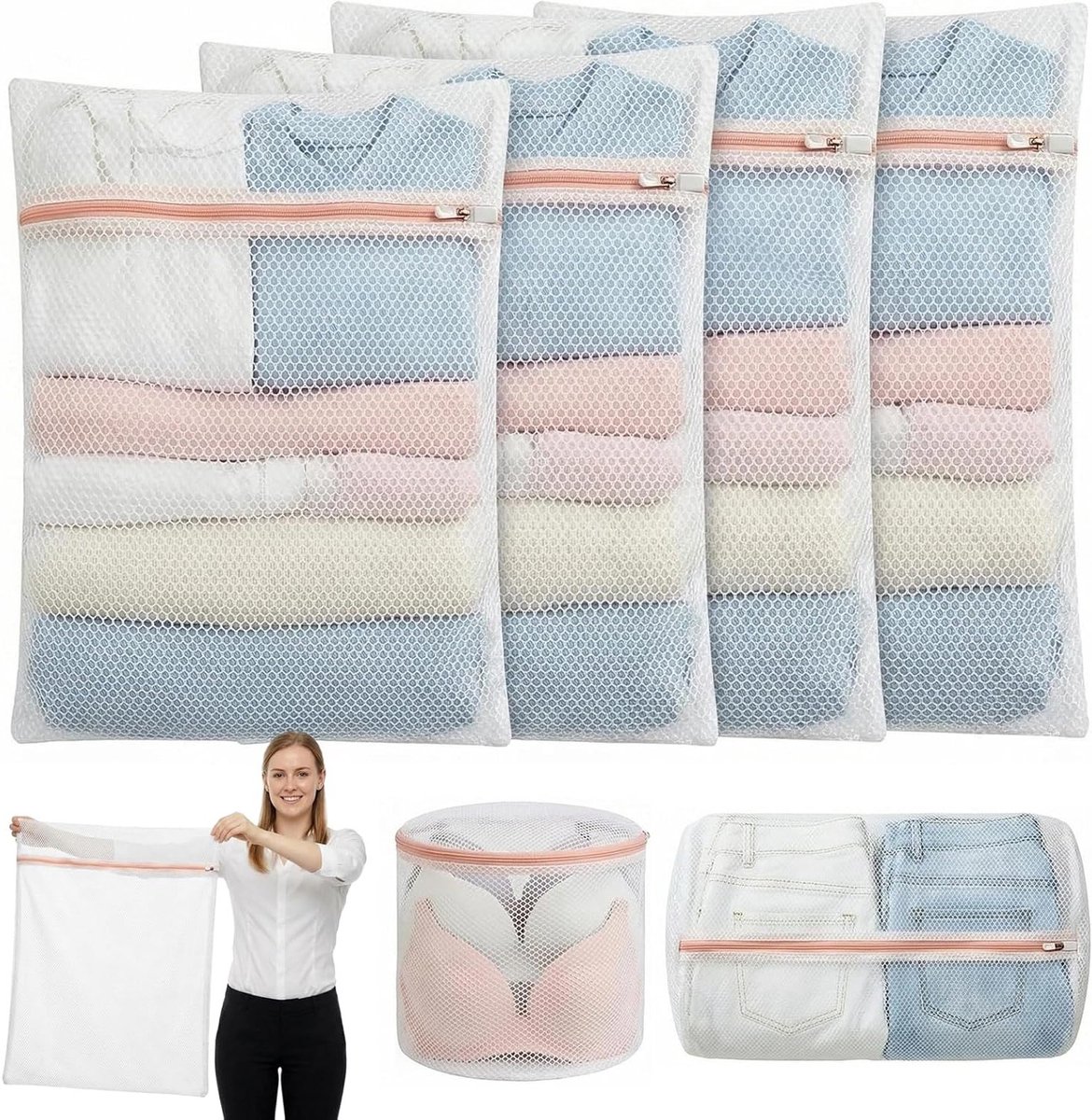 Set van 6 Grote Waszakken voor de Wasmachine, Meerdere Maten, Duurzame Wasnetten met Rits voor Fijne Was, Ondergoed, Sokken en Kleding