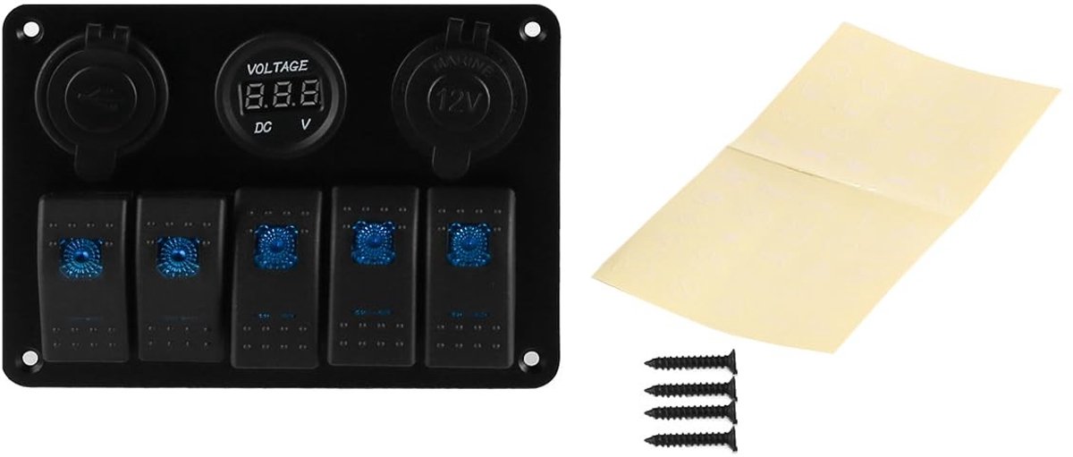 Allecto - Schakelpaneel - 5-Way - USB-poorten - 12V-24V - Indicatorlampjes - Voor voertuigen - Geschikt voor auto en camper - Zwart