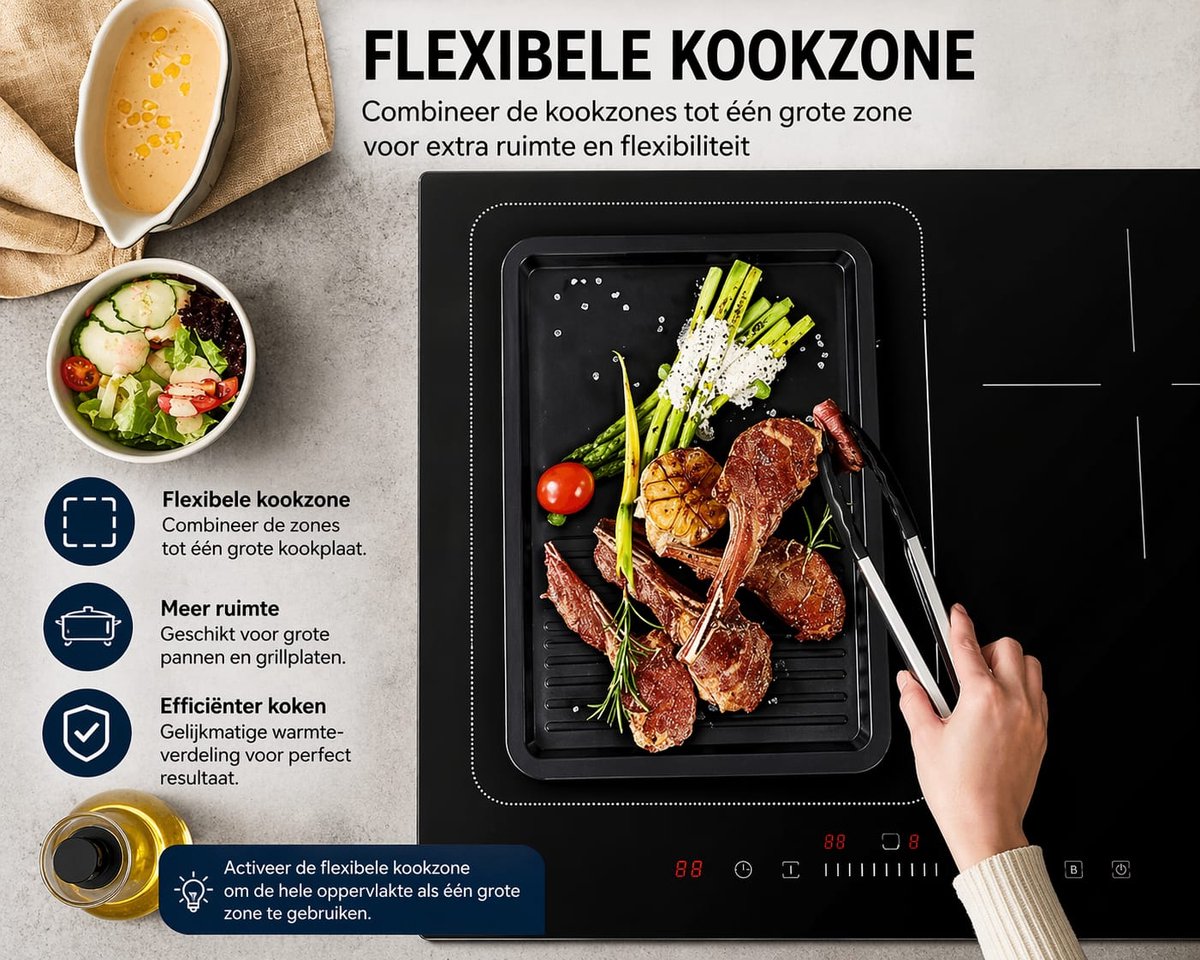 Karinear Inbouw Inductiekookplaat – 4 Pits – 7200W – Flexzone – Touch Slider Bediening – Timer – Boostfunctie – Zwart