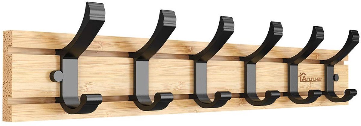 Dailygoods- Kledingrek 6 Actieve Haken - Zware Kledingstang - Houten Kledingrek - Multifunctioneel - Opbergoplossing - Inclusief Schroefkapjes - Kapstok