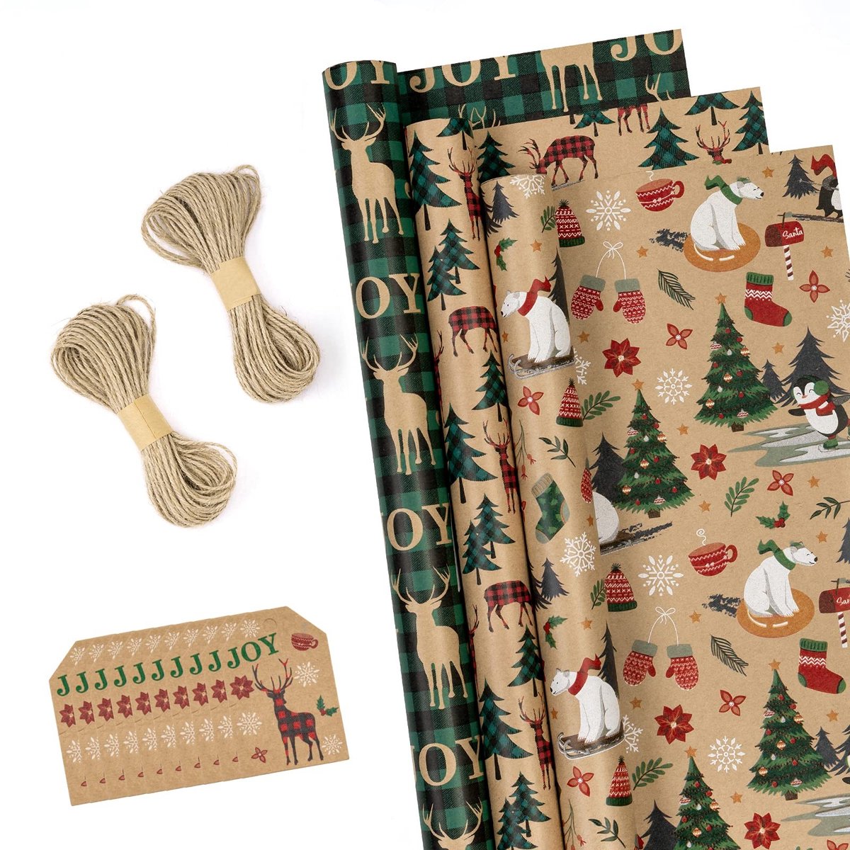 Allecto - Kerstpapierrollen - Cadeauverpakking - Jute touw - 3 rollen - Kraftpapier - Inclusief labels - Geschikt voor feestdagen