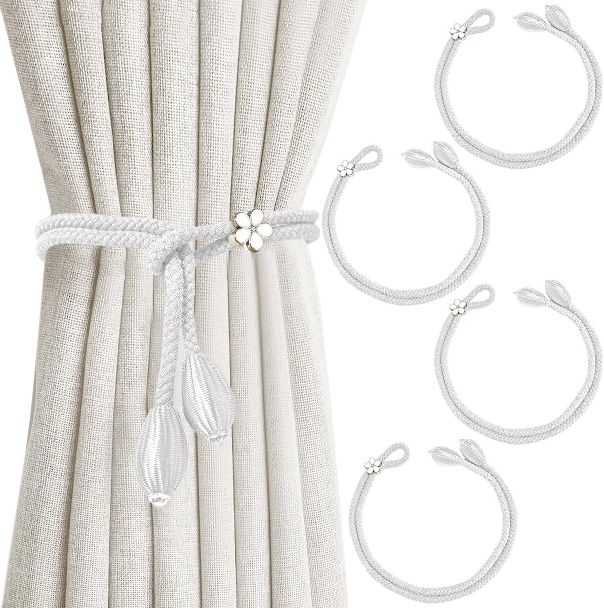 Allecto - Gordijn Touwen - Boho Stijl - Handgehaakt - Wit - Gordijntrekken - Elegant voor Thuis en Kantoor - 4 Stuks