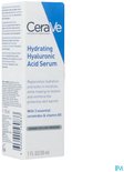 CeraVe Hydrating Hyaluronic Acid Serum 30ml fles met pompdispenser. De verpakking is wit met blauwe en grijze tekst.