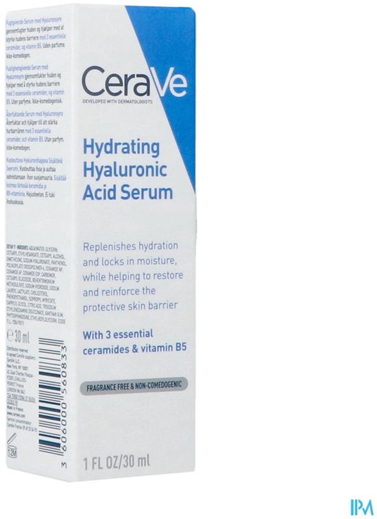 CeraVe Hydrating Hyaluronic Acid Serum 30ml fles met pompdispenser. De verpakking is wit met blauwe en grijze tekst.