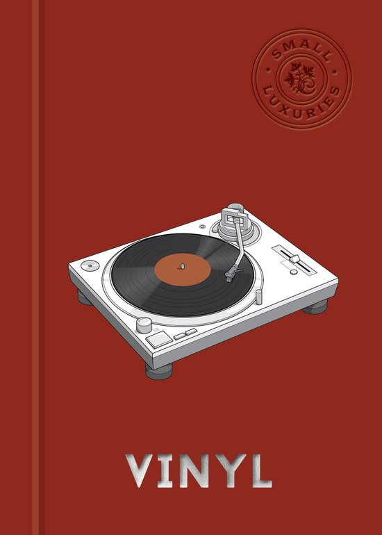 Een witte platenspeler met een zwarte vinylplaat erop, tegen een rode achtergrond. Tekst zegt "VINYL".