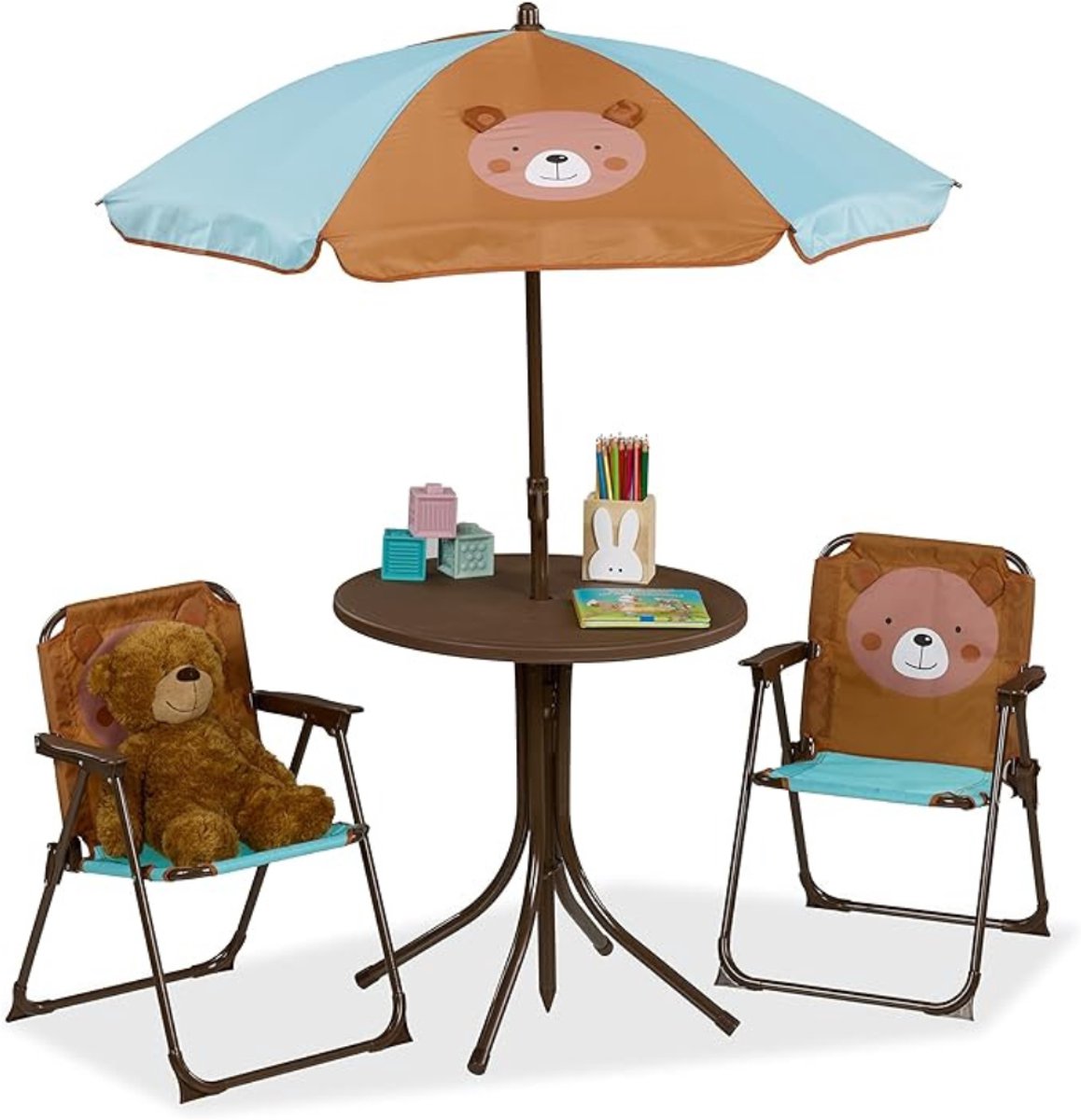Verte Kinder Picknicktafel - Kindersetset met Parasol - Beer - 2 Klapstoelen en Een Tafel - Strand - Kamperen - Tuin - Kindersetset - Bruin
