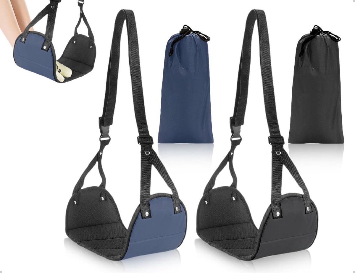 NTHProducts - Voetensteun - Vliegtuigaccessoires - Draagbaar en in hoogte verstelbaar - Zwart en marine - Voethangmat - Ideaal voor reizen en kantoor