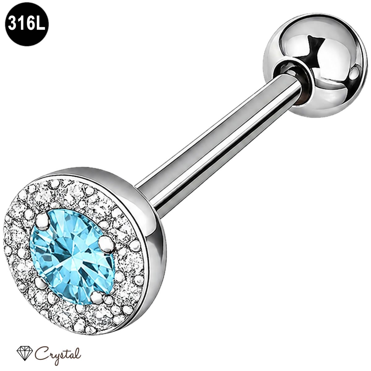 Tongpiercing - 316L Chirurgisch Staal - met Crystal Licht Blauw en Clear Steentjes