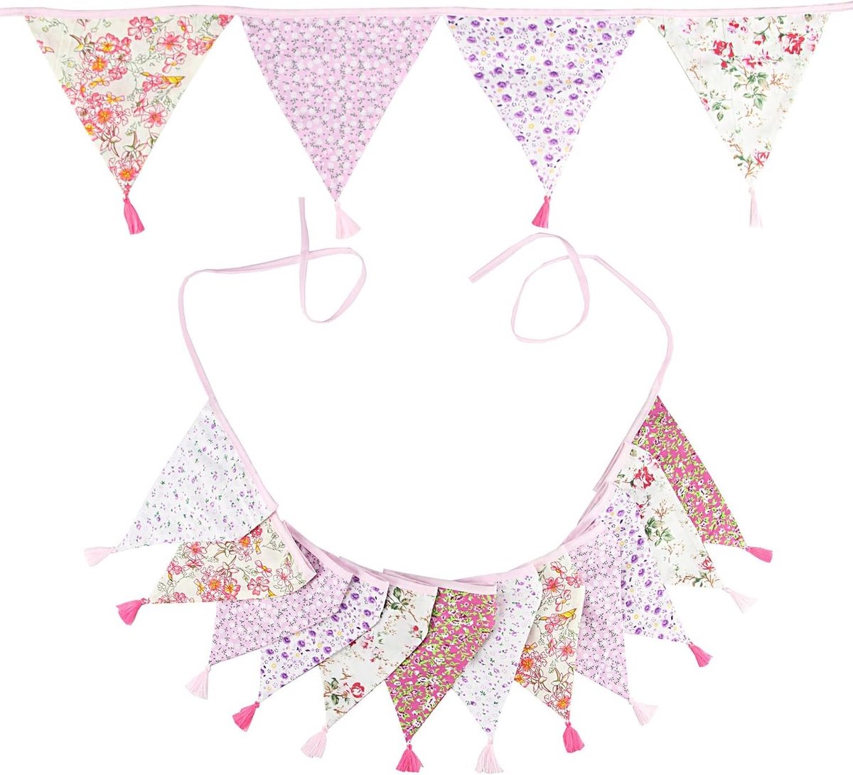 Floral Bunting met Kwastjes, 10 Stuks, Dubbelzijdige Katoenen Slingers voor Tuinfeesten, Babyshowers en Pastelkleurige Kamerdecoratie