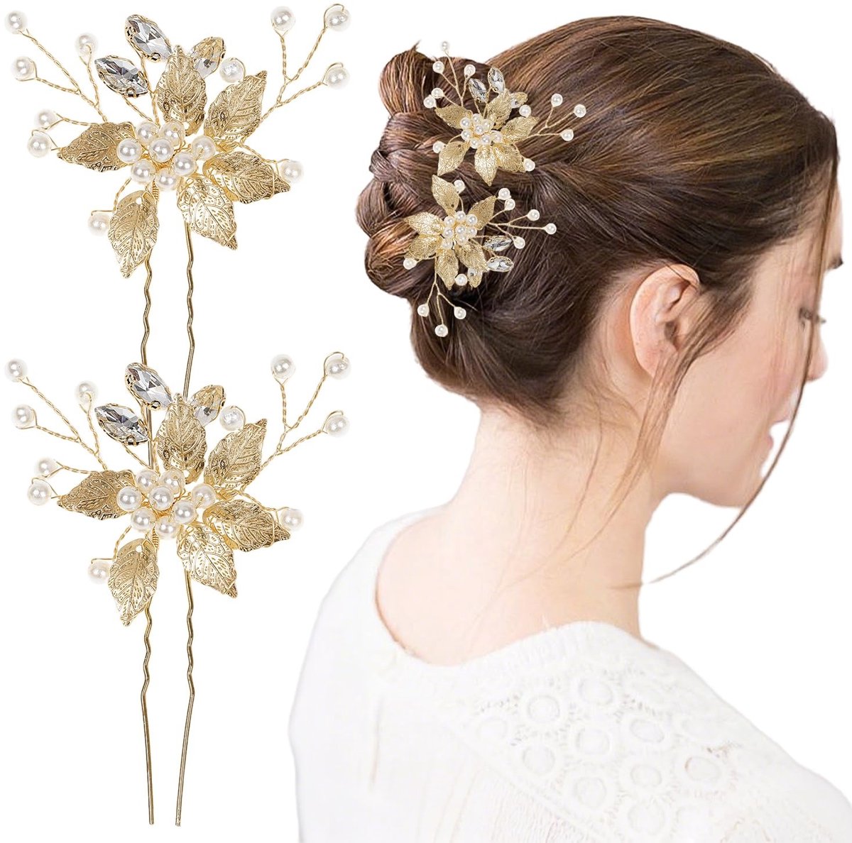 Seb3 - Crystal Pearl Haarspelden - Vintage Leaf - Elegant ontwerp - Goud - Bruiloftsaccessoires - 2 Stuks - Geschikt voor Vrouwen en Meisjes