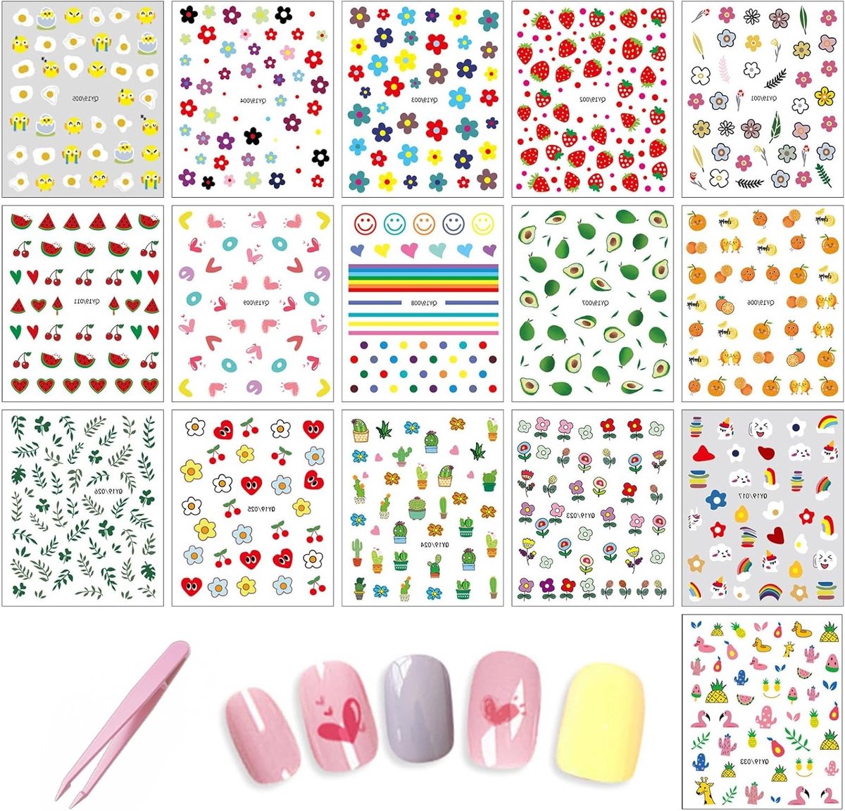 16 Bladen Zelfklevende Nagelstickers met Pincet - 3D Nagelversieringen voor Vrouwen, Kinderen en Meisjes - Manicure Accessoires voor Stijlvolle Nagels