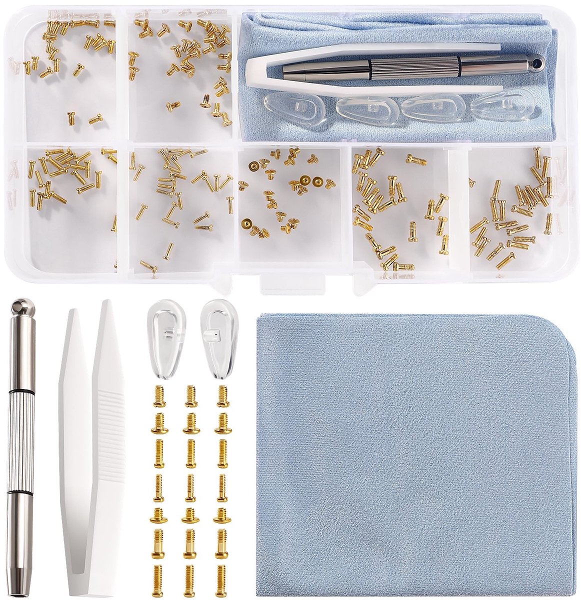 Seb3 - Bril Reparatie Kit - 140 Stuks - Inclusief Schroevendraaier en Extra Neuspads - Goud - Glazen Reparatie Set - Geschikt voor Alle Brillen ...