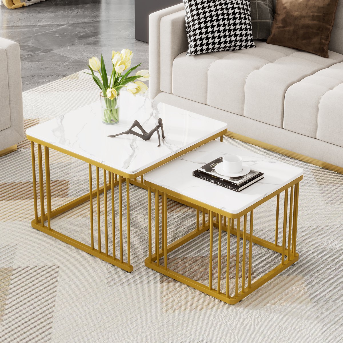 FloraGrace Salontafel Set - Hoogglans Marmerlook Met Inschuifbaar Ontwerp - Voor Woonkamer - MDF Wit Goud - 60x60x45 cm