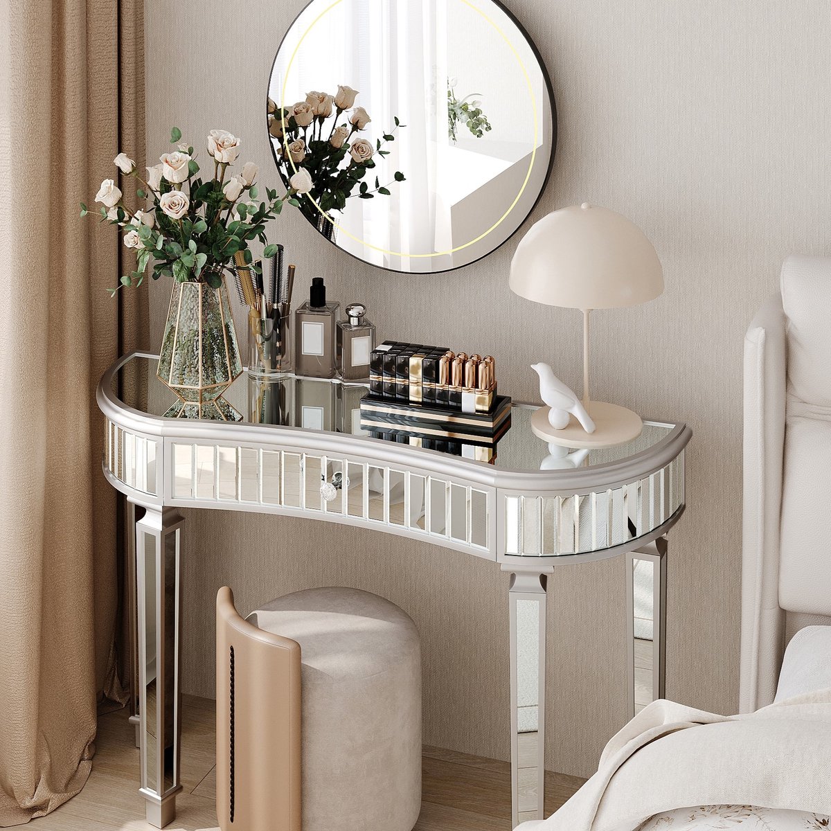 FloraGrace Sidetable - Halvemaan Met Spiegelglas En Lade - Voor Hal En Woonkamer Of Slaapkamer - Grijs Zilver - 120x38x78 Cm