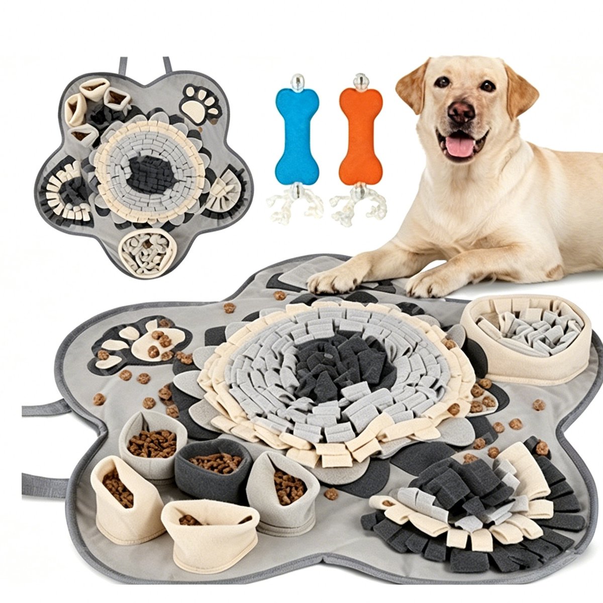 Snuffelmat voor huisdieren - Interactief voerspeelgoed voor honden en katten - 2 x Bijtspeeltjes - Langzaam eten speelmat - Honden Speelgoed - Compact en duurzaam - 60 x 60 cm