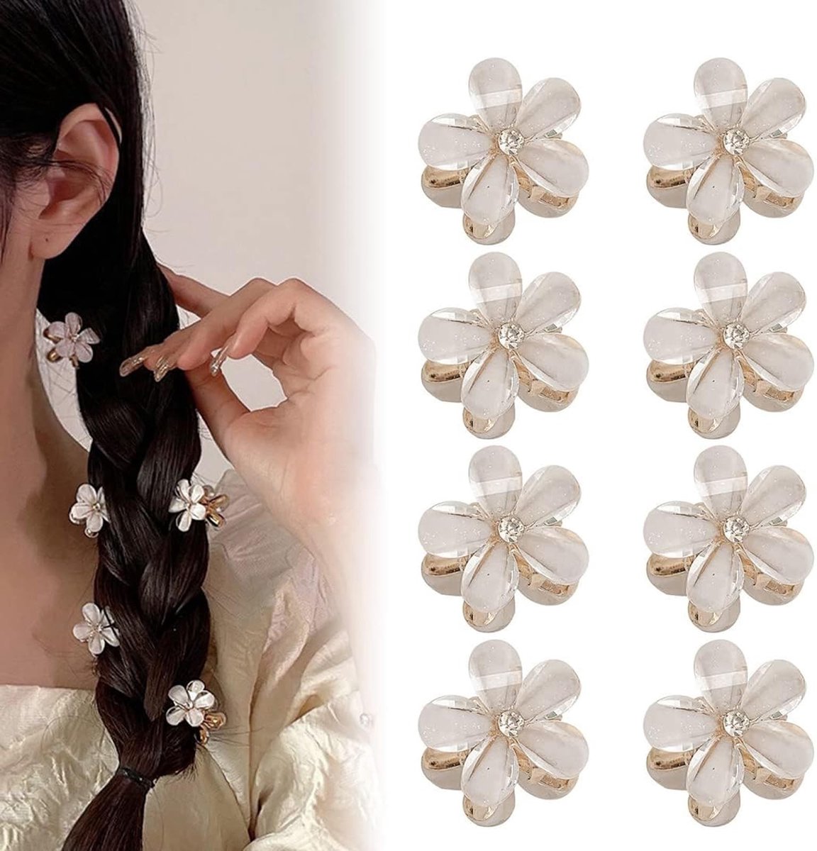 Allecto - Mini-diamanthaarspelden - Haaraccessoires - Schattige bloemen - 8 stuks - Haarspelden voor dames - Geschikt voor feest - Kleine haarspelden