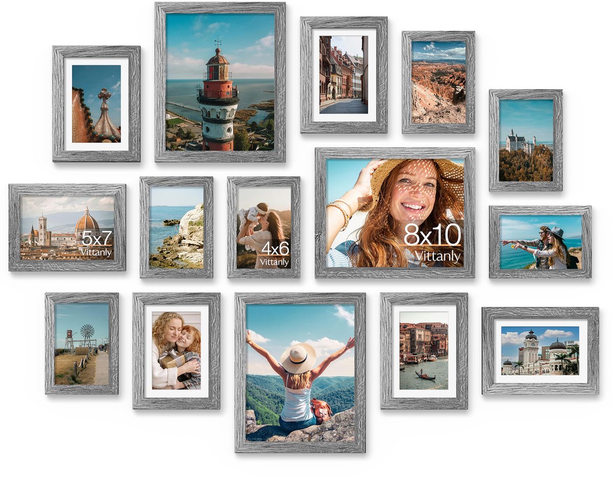 Homaxy - Fotokader- Fotolijst - Modern -- Verschillende Maten, Inclusief Set Van 3 Stuks 20x25 cm, Set Van 6 Stuks 13x18 cm, Set Van 6 Stuks 10x15 cm - Grijs