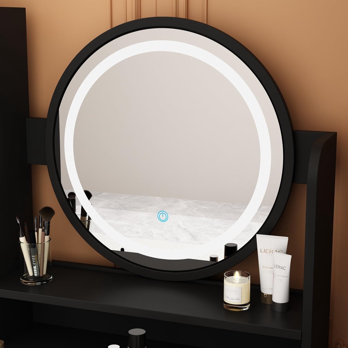 Luxe Vintage LED Make-up Kaptafel met Ronde Spiegel, 5 Lades, 4 Open Vakken en Krukje – 80x40x135 cm Zwart Design Vanity Tafel