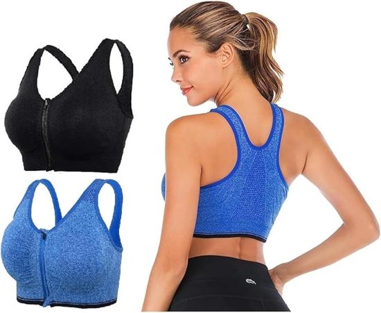 Sportbeha - 2 Stuks - Sport BH Met Rits - Sportbeha met voorsluiting - Maat XXL - Shock absorber - Extra comfortabele Sport BH - Beha zonder beugel - Push-up & Ademend - Sport top - YOGA - Fitnesstraining - Dagelijkse outfit - Zwart/blauw