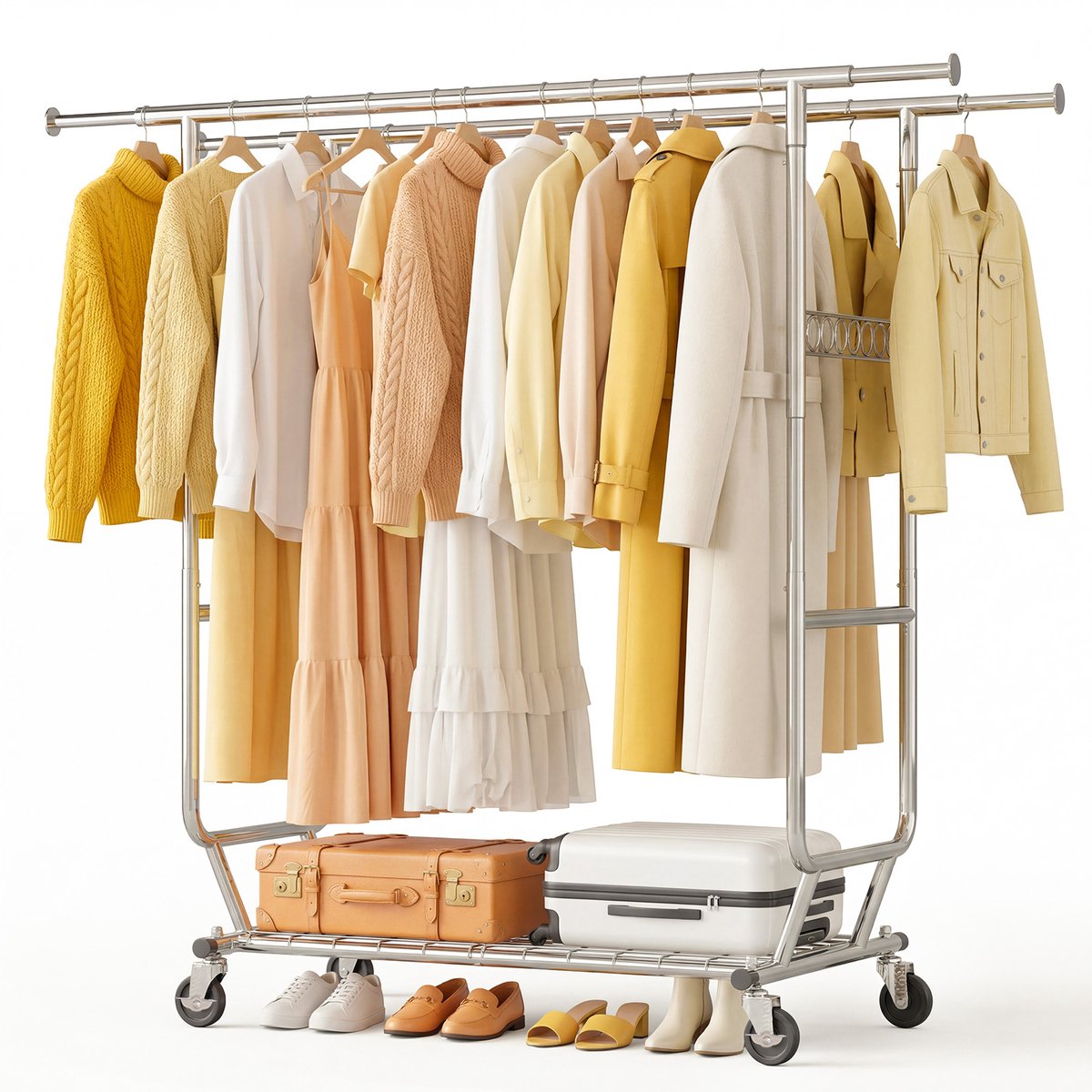 HOKEEPER Profi Dubbel Zwaar Kledingrek op Wielen–2 kledingstangen+onderste plank, 295kg draagvermogen, Verstelbare lengte 129-188 cm & hoogte 145-171 cm, Verchroomd staal, Industrieel design
