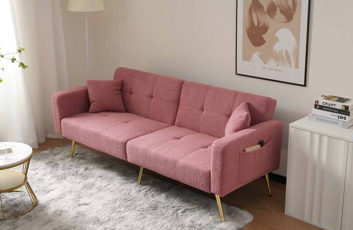 REDOM 2-zits bank 175*64*72cm van lamswol, verstelbare rugleuning en vergulde poten - 175x64x72 cm Roze
