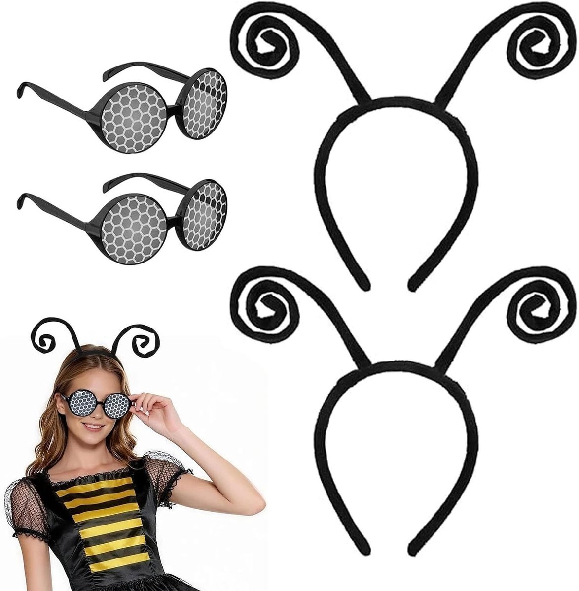 Set van 2 vlinderantenne hoofdbanden en insectenbrillen, flexibele fluwelen accessoires voor Halloween, cosplay en feestkostuums