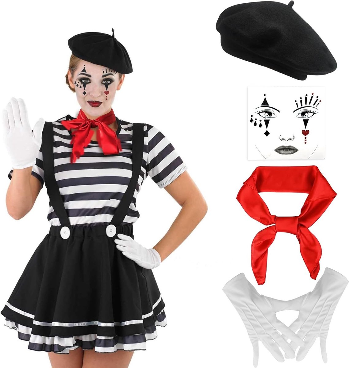 Zwart-wit Circus Clown Kostuum voor Dames met Beret, Sjaal, Handschoenen en Tattoo Sokken voor Halloween en Carnaval